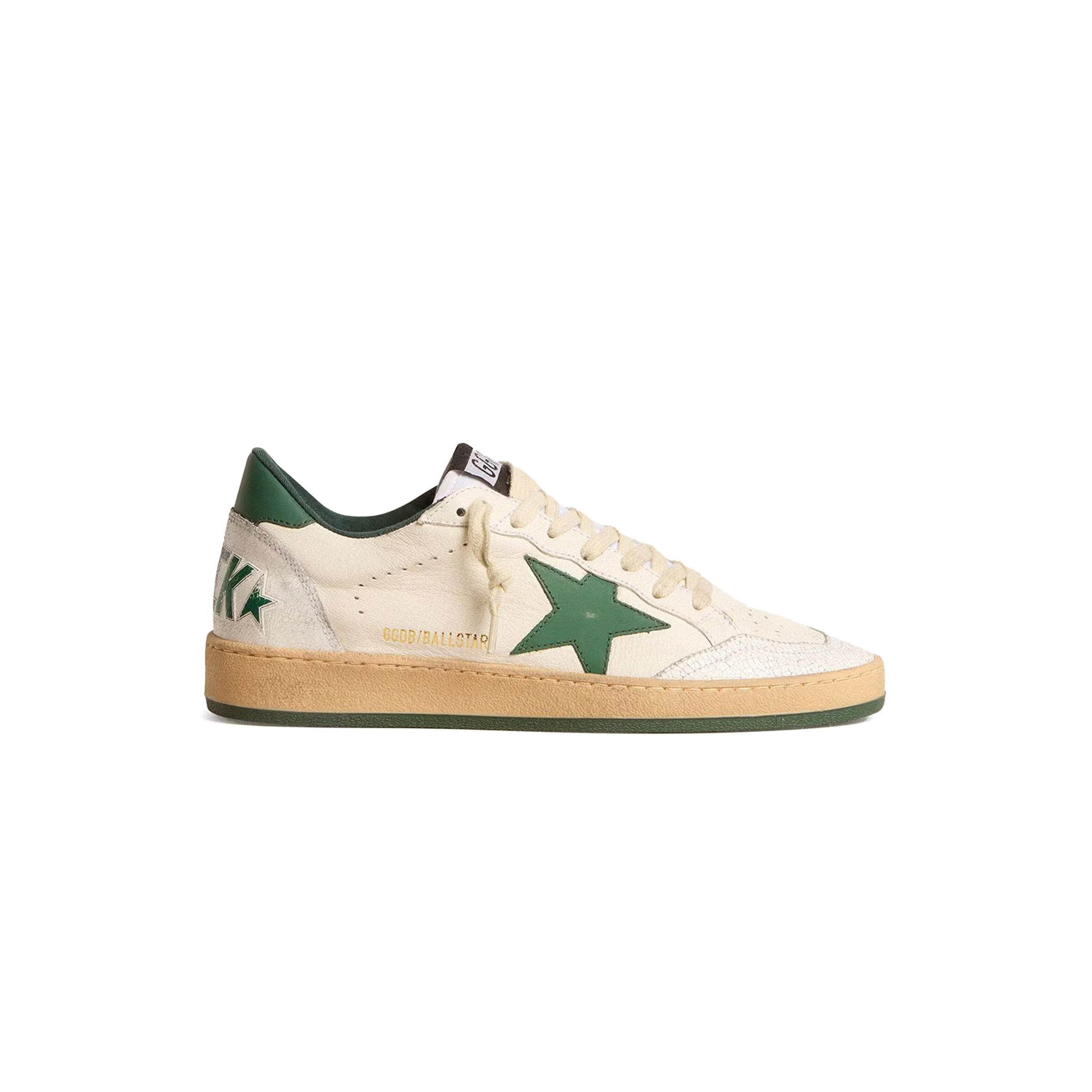 GOLDEN GOOSE WOMEN''S BALL STAR WISHES IN WHITE NAPPA LEATHER WITH GREEN LEATHER STAR AND HEEL TAB GWF00117